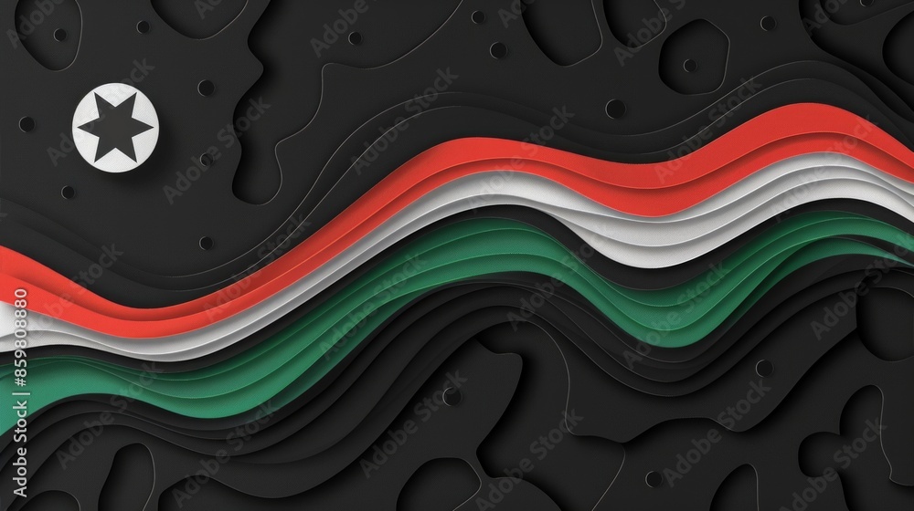 Poster paper art design featuring the colors of the somali flag. the flag colors are presented in a wavy, f
