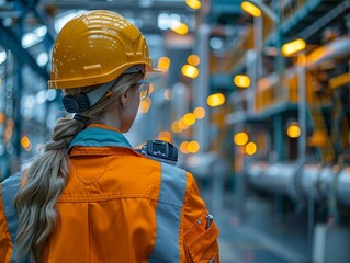 Labor engineer inspecting pipelines at an oil refinery. Safety helmet, technical equipment. Industrial concept. Minimalism,