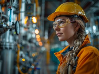Engineer overseeing operations at a chemical plant. Safety helmet, monitoring systems. Industrial manufacturing. Minimalism,