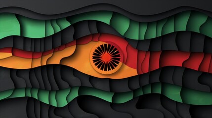 papercut design featuring the colors and symbol of the Malawian flag.