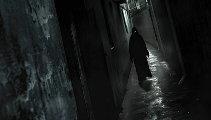 Fear is the lurking shadow in the darkest corners: Visualize a shadowy figure lurking in a dark alleyway, symbolizing the feeling of fear that can creep up unexpectedly in dark or unfamiliar places.