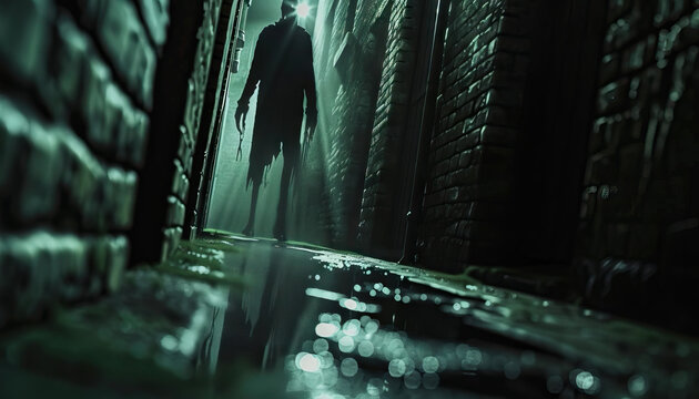 Fear is the lurking shadow in the darkest corners: Visualize a shadowy figure lurking in a dark alleyway, symbolizing the feeling of fear that can creep up unexpectedly in dark or unfamiliar places.