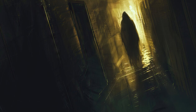 Fear is the lurking shadow in the darkest corners: Visualize a shadowy figure lurking in a dark alleyway, symbolizing the feeling of fear that can creep up unexpectedly in dark or unfamiliar places.