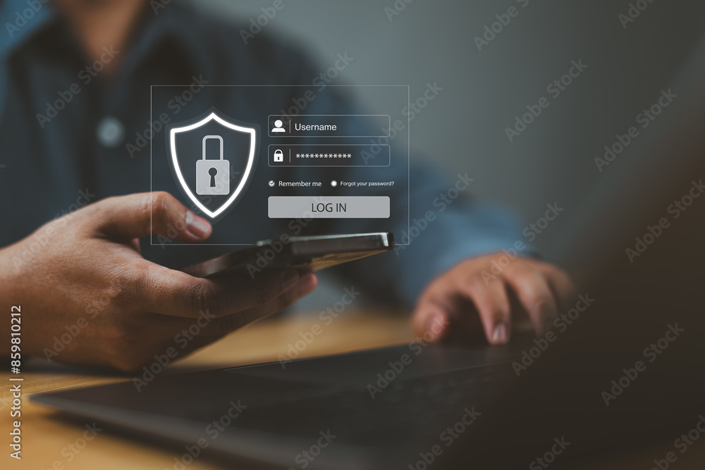 Aufkleber Cybersecurity and privacy concepts to protect data. Lock icon and internet network security technology. Businessman protecting personal data on smartphone, virtual screen interfaces. cyber security.