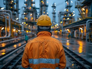 Worker in an oil refinery conducting maintenance. Safety protocols, industrial machinery. Engineering concept. Minimalism,