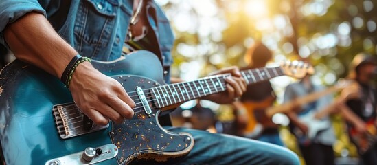 Obraz premium A man playing a guitar in front of a crowd