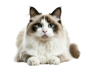 Fototapeta premium A beautiful Ragdoll cat with striking blue eyes stares intently at the camera. The cat is lying down and has a soft, fluffy coat. The background is white.