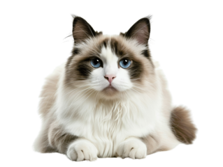 A beautiful Ragdoll cat with striking blue eyes stares intently at the camera.  The cat is lying down and has a soft, fluffy coat.  The background is white.