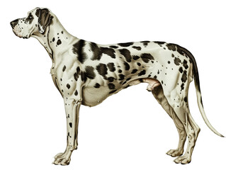 A black and white Great Dane stands in profile, looking to the left. The dog has a sleek coat and a powerful build.