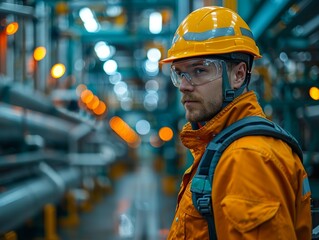 Labor engineer inspecting pipelines at an oil refinery. Safety helmet, technical equipment. Industrial concept. Minimalism,