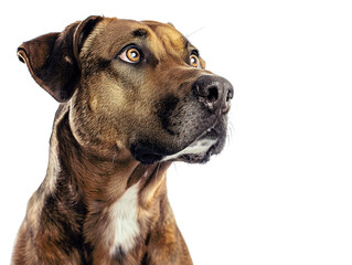 Obraz premium A brown and white dog with big, curious eyes stares intently into the distance. Its expression is both alert and hopeful.