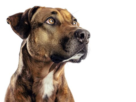 A brown and white dog with big, curious eyes stares intently into the distance.  Its expression is both alert and hopeful.