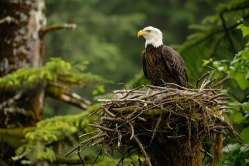 Bald Eagle Perched in Nest, Surrounded by Green Foliage