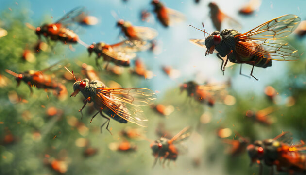 Summer is the symphony of cicadas in the sweltering heat: Depict a chorus of cicadas buzzing in the background on a hot summer day, symbolizing the sounds of summer
