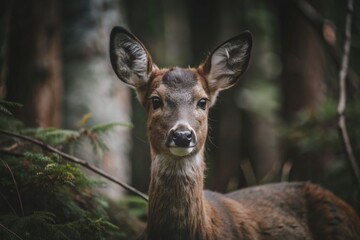 Fototapeta premium Roedeer in the forest looking towards the camera. Dark and muted colors in green and brown tones. Foreground and background are blurry.