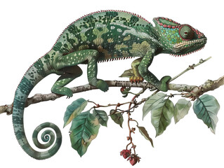 Obraz premium A vibrant green chameleon perched on a branch, its tail curled around a leafy twig.