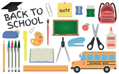 School Supplies - Various Colorful Icons and Back to School Logo. Pens, Pencils, Ruler, Stapler, Backpack, Scissors, Compasses, Eraser, Sharpener, Blackboard, School Bus and others.