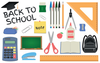 School Supplies - Various Colorful Icons and Back to School Logo. Pens, Pencils, Rulers, Notepad, Backpack, Scissors, Compasses, Eraser, Sharpener, Chalkboard, Calculator and others.
