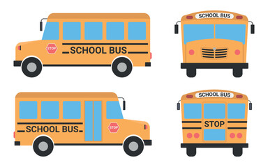 School Bus - Vector Illustrations in Flat Design in 4 angles. Right, Left, Front and Back.