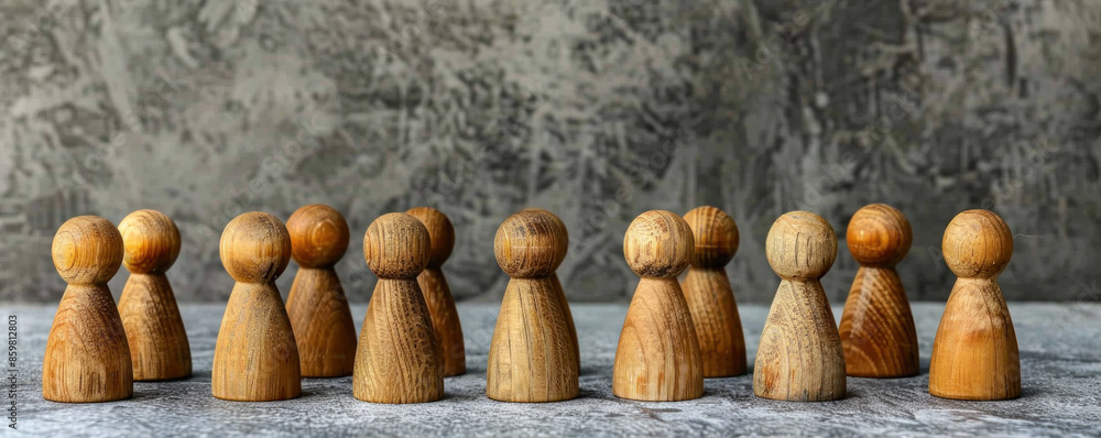 Poster a group of wooden figurines are lined up on a table. the figurines are all different sizes and shape