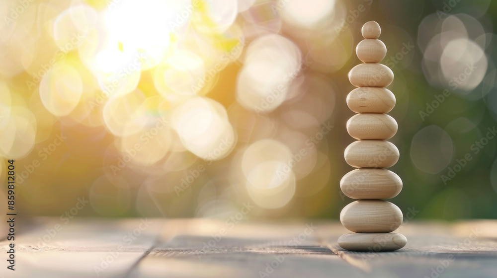 Poster a wooden tower of seven blocks is sitting on a wooden table. the blocks are stacked in a pyramid sha