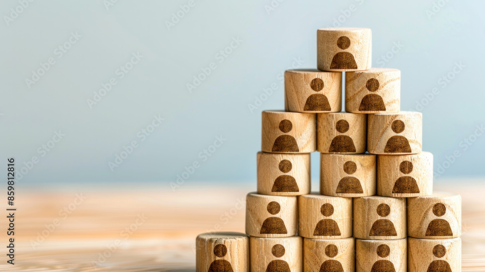 Poster a stack of wooden blocks with people on them. the blocks are stacked on top of each other in a pyram