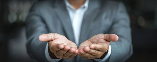 Fototapeta premium A man in a suit is holding his hands out to give a gift. Concept of generosity and kindness