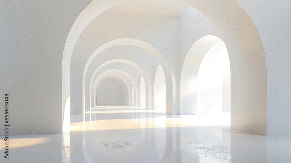Poster The image is a white room with a long hallway with arched ceilings. The room is empty and the light is shining through the windows, creating a bright and airy atmosphere