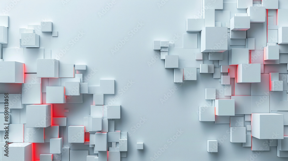 Poster a white background with red squares on it. the squares are arranged in a way that creates a sense of