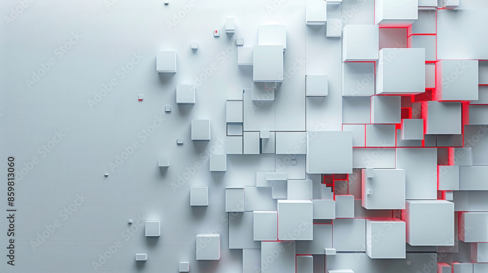 Poster a white background with red squares on it. the squares are arranged in a way that they look like the