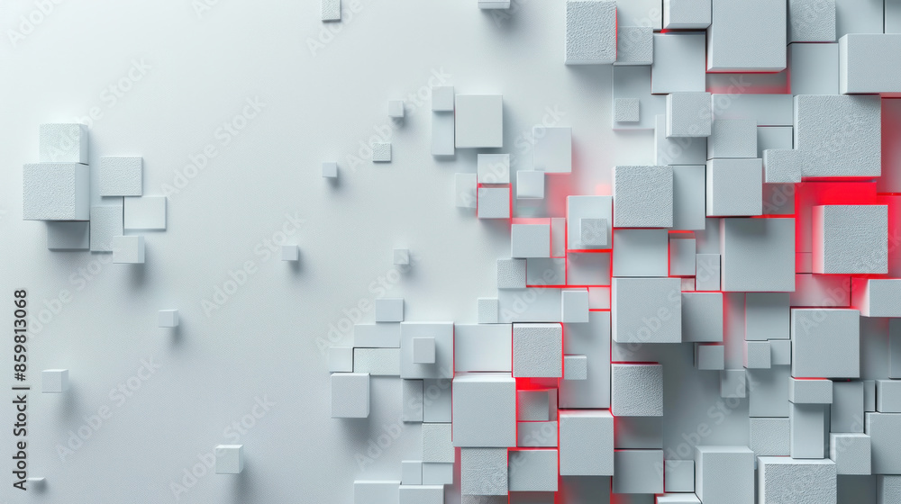 Poster a white background with red squares on it. the squares are of different sizes and are scattered all 
