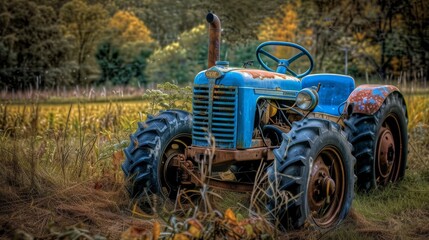 Obraz premium color photo of a dependable tractor, its sleek blue body contrasting against the vibrant greenery of the field, as it works tirelessly to ensure the success of the farming operation, 