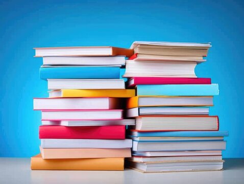 Colorful Stacked Books on Blue Background, Education Concept - Powered by Adobe