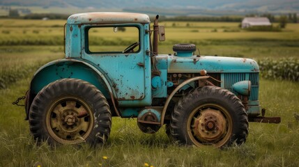 color photo of a dependable tractor, its sleek blue body contrasting against the vibrant greenery of the field, as it works tirelessly to ensure the success of the farming operation,  