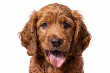 Funny head shot of cute red Cobberdog puppy, standing facing front. Looking curious towards camera. Isolated on white background. Tongue out