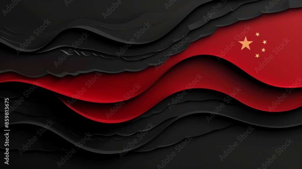 Poster digitally created mockup of a paper background in the style of the chinese flag with wavy lines.