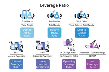 financial leverage ratio for debt to assets ratio, debt to equity, debt to capital, interest coverage, interest payment, operating leverage, net leverage