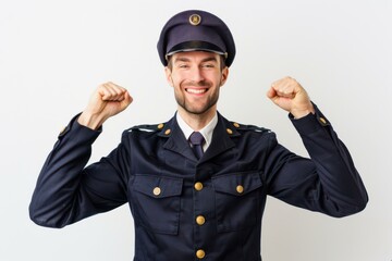 Happy Police Officer Celebrating Success in Uniform on White Background