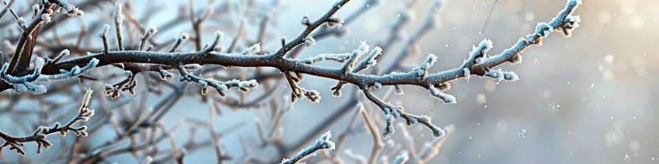 Winter frost on bare branches winter and frozen twigs.