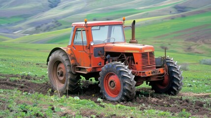 Fototapeta premium color photo of a reliable tractor, its vibrant orange body standing out in the midst of a vibrant green field, as it works diligently to prepare the soil for planting, 
