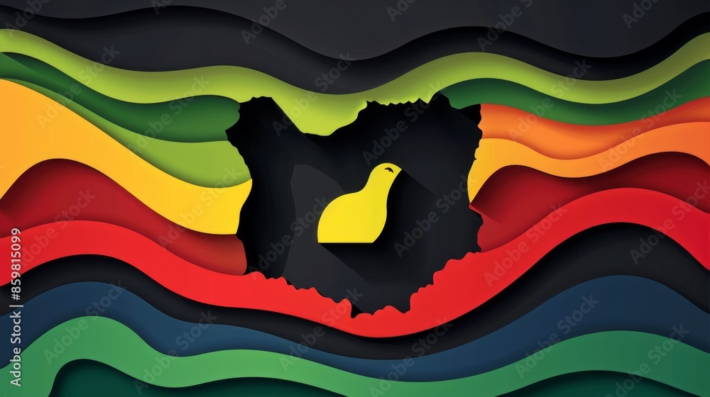 Poster paper cutouts in the style of various world flags create a layered and abstract image. a yellow bird