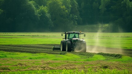 Fototapeta premium color photo of a reliable tractor, its powerful engine roaring, as it traverses a lush green field, leaving behind neat rows of freshly tilled soil, 