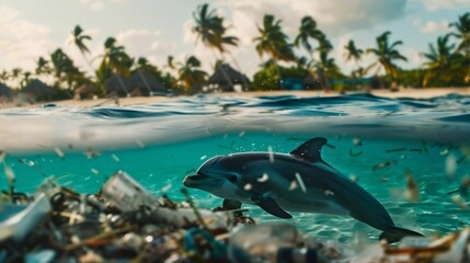 A dolphin swims through a sea of plastic debris, highlighting the environmental impact of pollution on marine life.