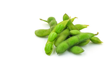 Fresh edamame soybeans and pods isolated on white background.