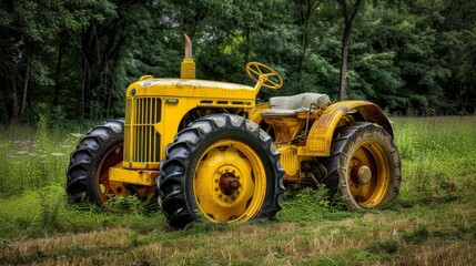 Obraz premium color photo of a reliable tractor, its shiny yellow exterior standing out amidst the expanse of a vibrant green field, embodying the spirit of productivity and progress in rural settings