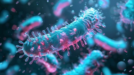Fototapeta premium A microscopic view of a cluster of bacteria, with vibrant blue and pink hues, in a dark background.