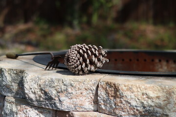 A pine cone rests on the edge of a stone fire pit, accompanied by a small metal rake.