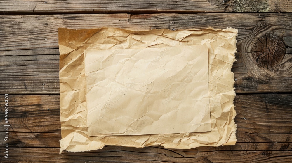 Poster empty paper on wooden desk with copy space for text message viewed from above