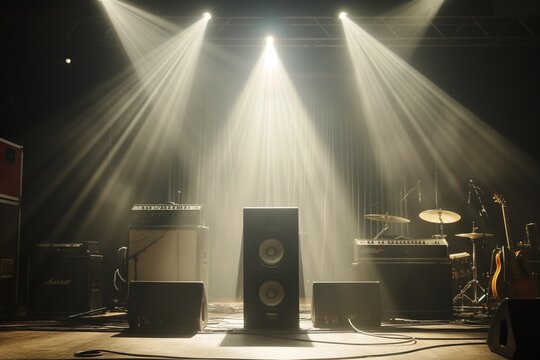 Concert stage with speakers and instruments, musical concept
