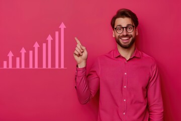 Fototapeta premium Smiling Businessman in Pink Shirt Pointing at Growth Chart on Pink Background - Business Success Concept for Marketing